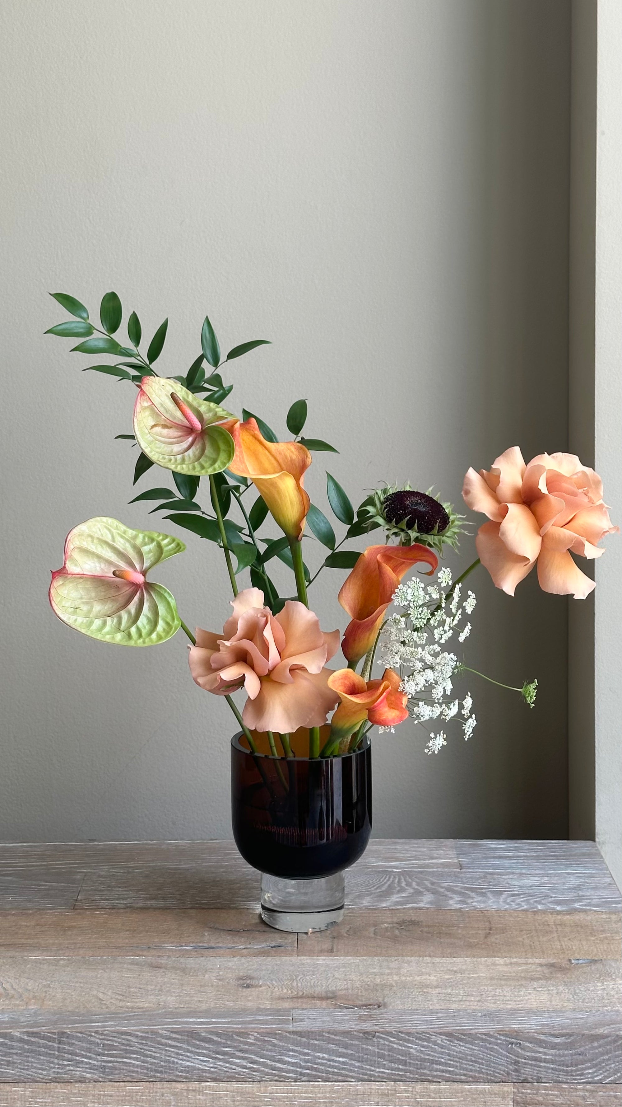 Ikebana Set - Brown Glass Vase