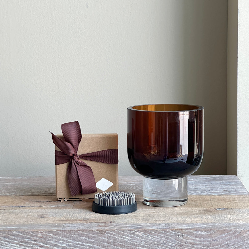 Ikebana Set - Brown Glass Vase