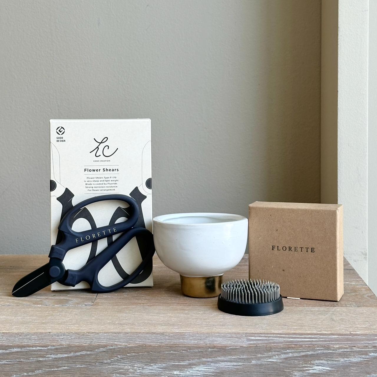 Ikebana Set - Ceramic White Vase