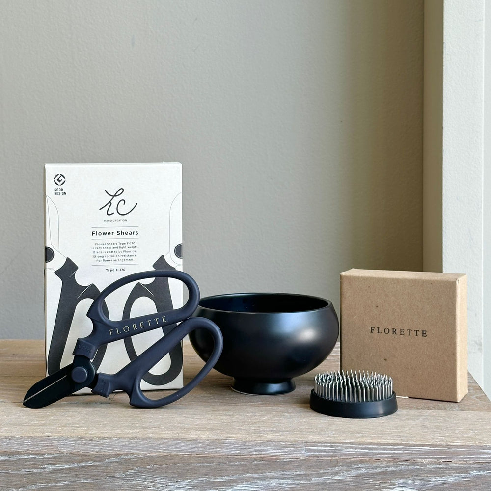 Ikebana Set - Ceramic Black Bowl