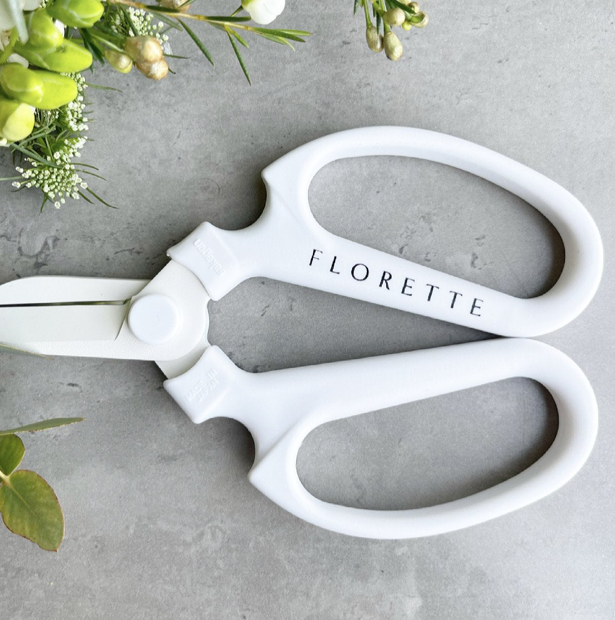 Florette White Floristry Scissors - with Teflon coated carbon steel blades, and thermoplastic handles.